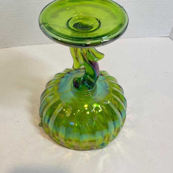 Green Carnival Glass Compote Dish With Swirled Stem Design & Scalloped Edge Vint - Picture 7 of 8